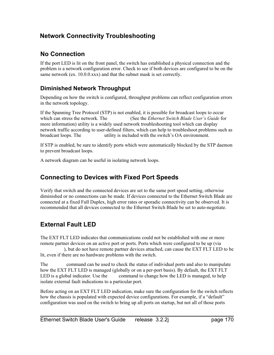 Network connectivity troubleshooting, No connection, Diminished network throughput | Connecting to devices with fixed port speeds, External fault led | Znyx Networks bh5700 User Manual | Page 170 / 359