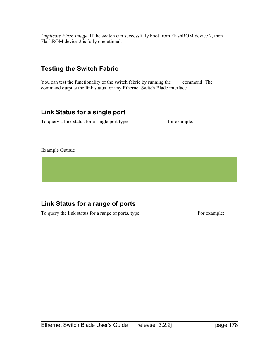 Testing the switch fabric, Link status for a single port, Link status for a range of ports | Znyx Networks bh5700 User Manual | Page 178 / 359