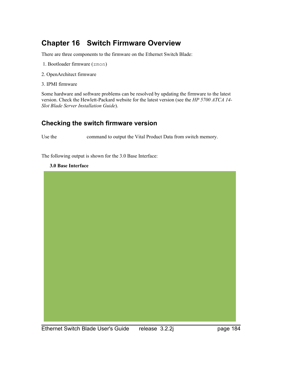 Chapter 16 switch firmware overview, Checking the switch firmware version | Znyx Networks bh5700 User Manual | Page 184 / 359