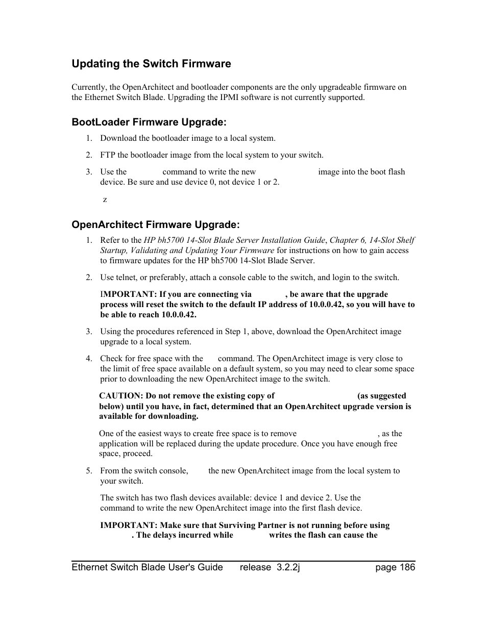 Updating the switch firmware, Bootloader firmware upgrade, Openarchitect firmware upgrade | Znyx Networks bh5700 User Manual | Page 186 / 359