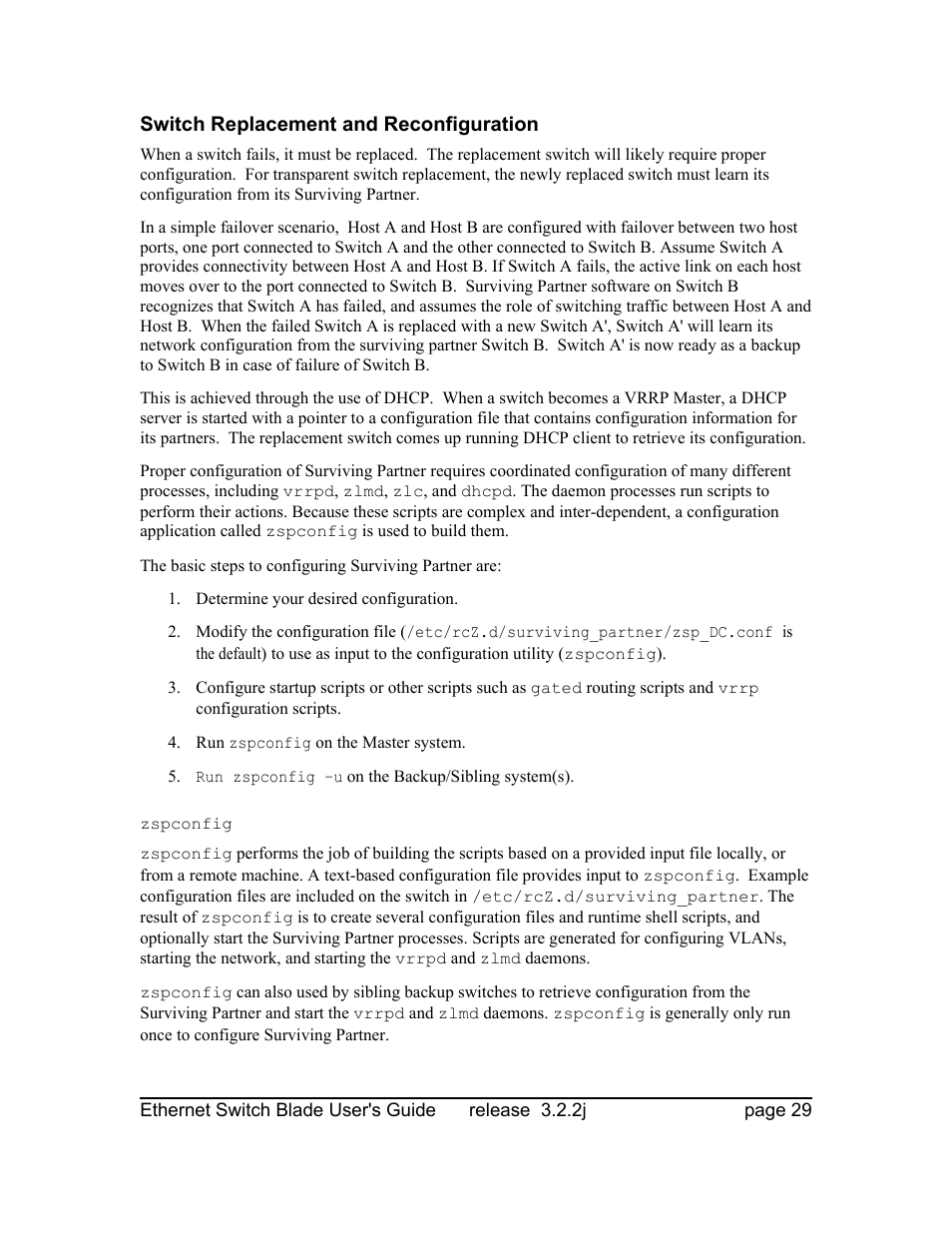 Switch replacement and reconfiguration, Zspconfig | Znyx Networks bh5700 User Manual | Page 29 / 359