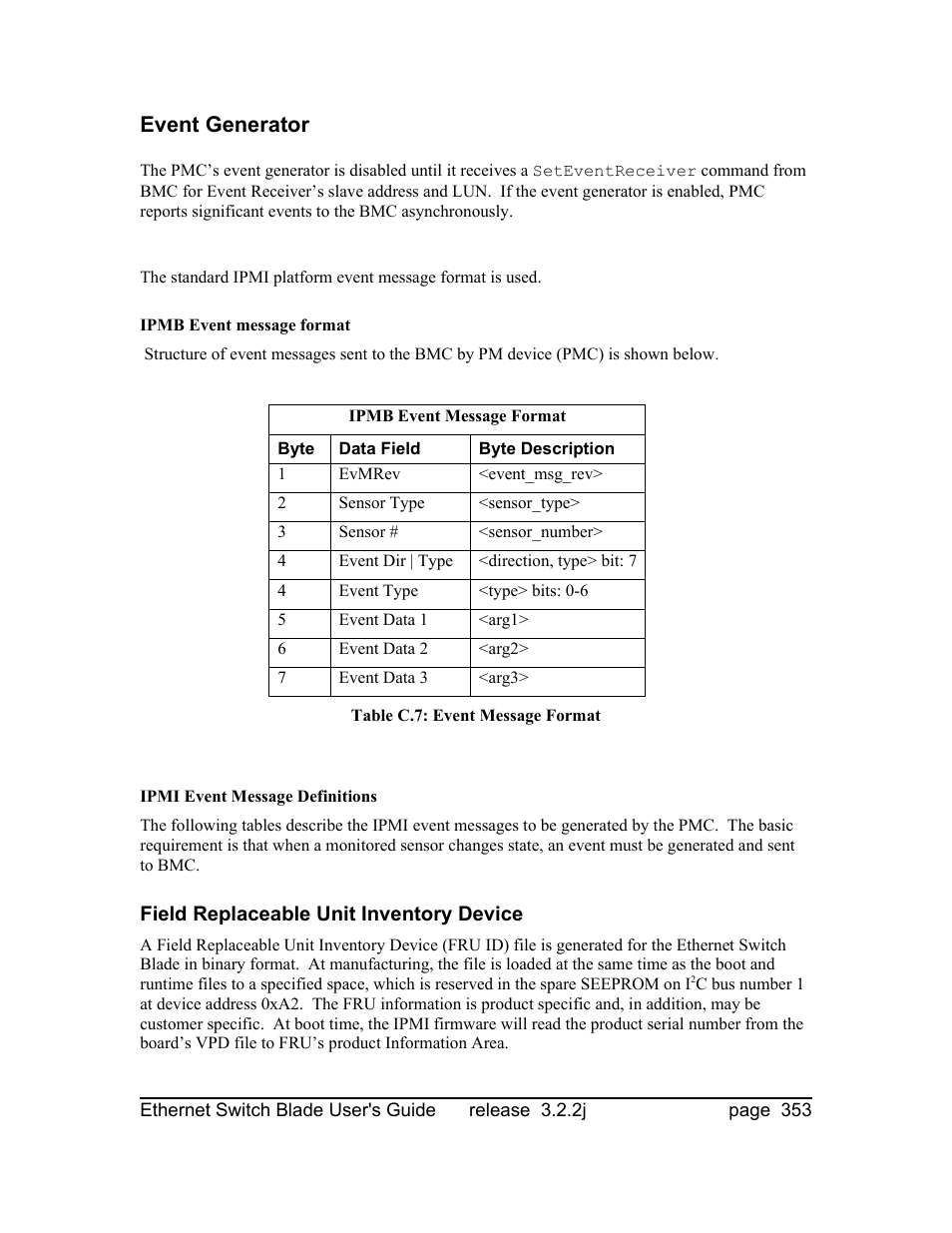 Event generator, Ipmb event message format, Ipmi event message definitions | Field replaceable unit inventory device | Znyx Networks bh5700 User Manual | Page 353 / 359