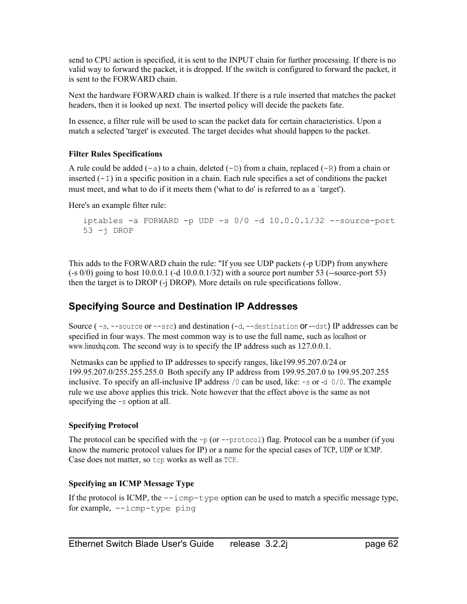 Filter rules specifications, Specifying source and destination ip addresses, Specifying protocol | Specifying an icmp message type | Znyx Networks bh5700 User Manual | Page 62 / 359