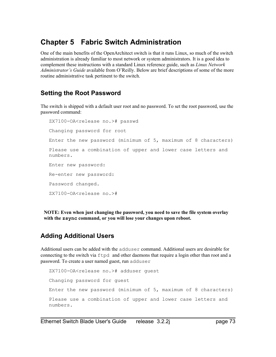Chapter 5 fabric switch administration, Setting the root password, Adding additional users | Znyx Networks bh5700 User Manual | Page 73 / 359