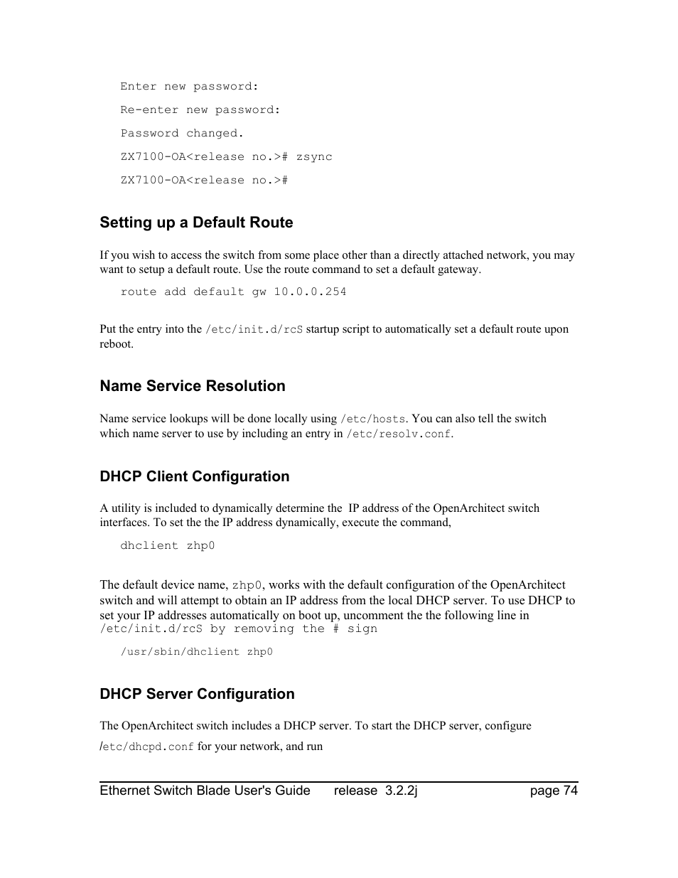 Setting up a default route, Name service resolution, Dhcp client configuration | Dhcp server configuration | Znyx Networks bh5700 User Manual | Page 74 / 359