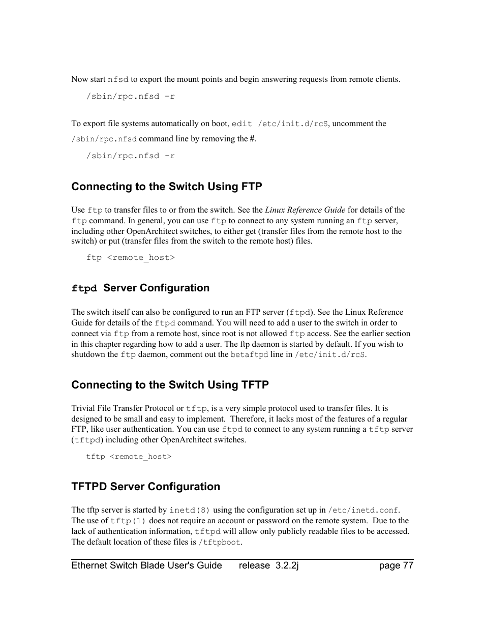 Connecting to the switch using ftp, Ftpd server configuration, Connecting to the switch using tftp | Tftpd server configuration | Znyx Networks bh5700 User Manual | Page 77 / 359