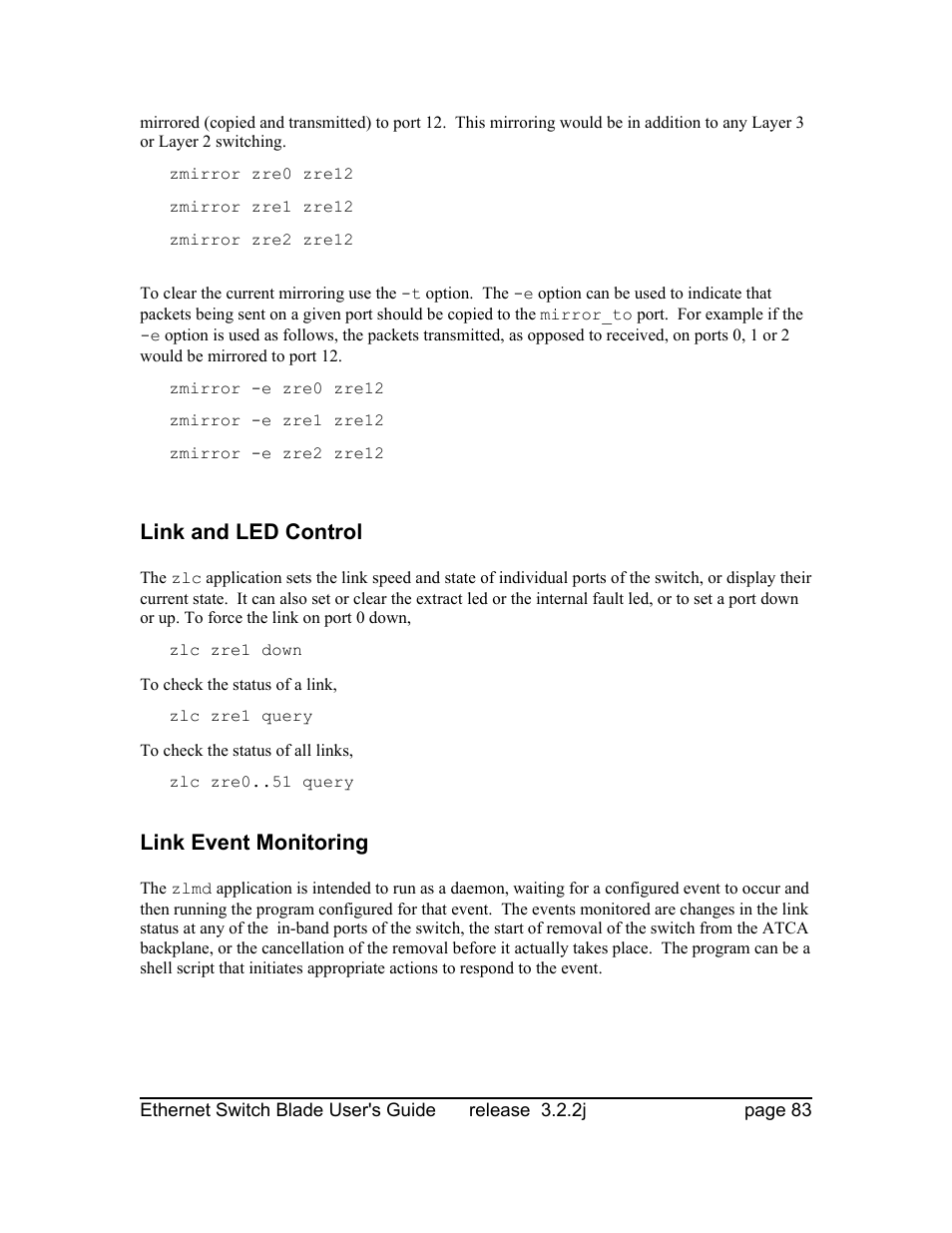 Link and led control, Link event monitoring | Znyx Networks bh5700 User Manual | Page 83 / 359