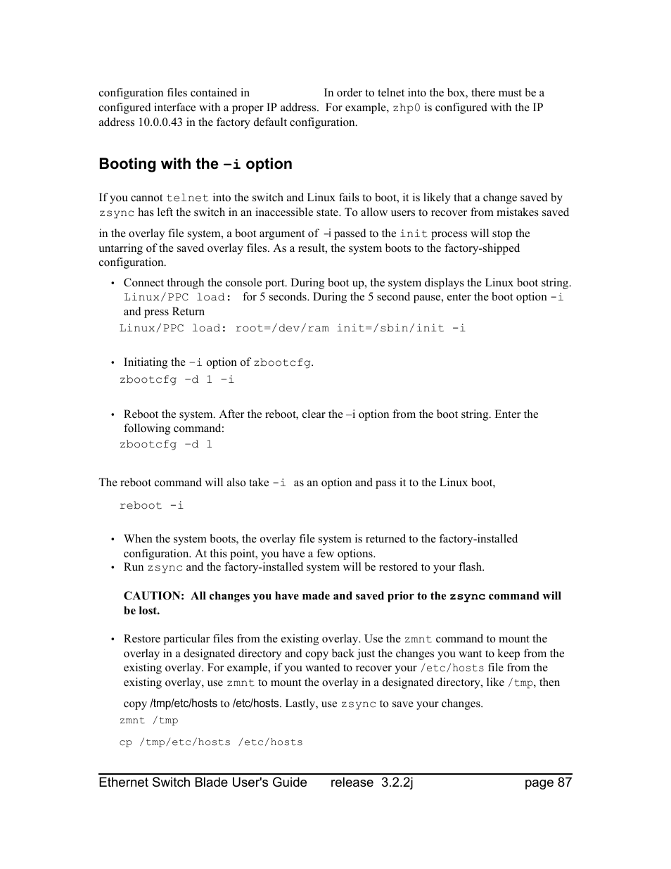 Booting with the –i option | Znyx Networks bh5700 User Manual | Page 87 / 359