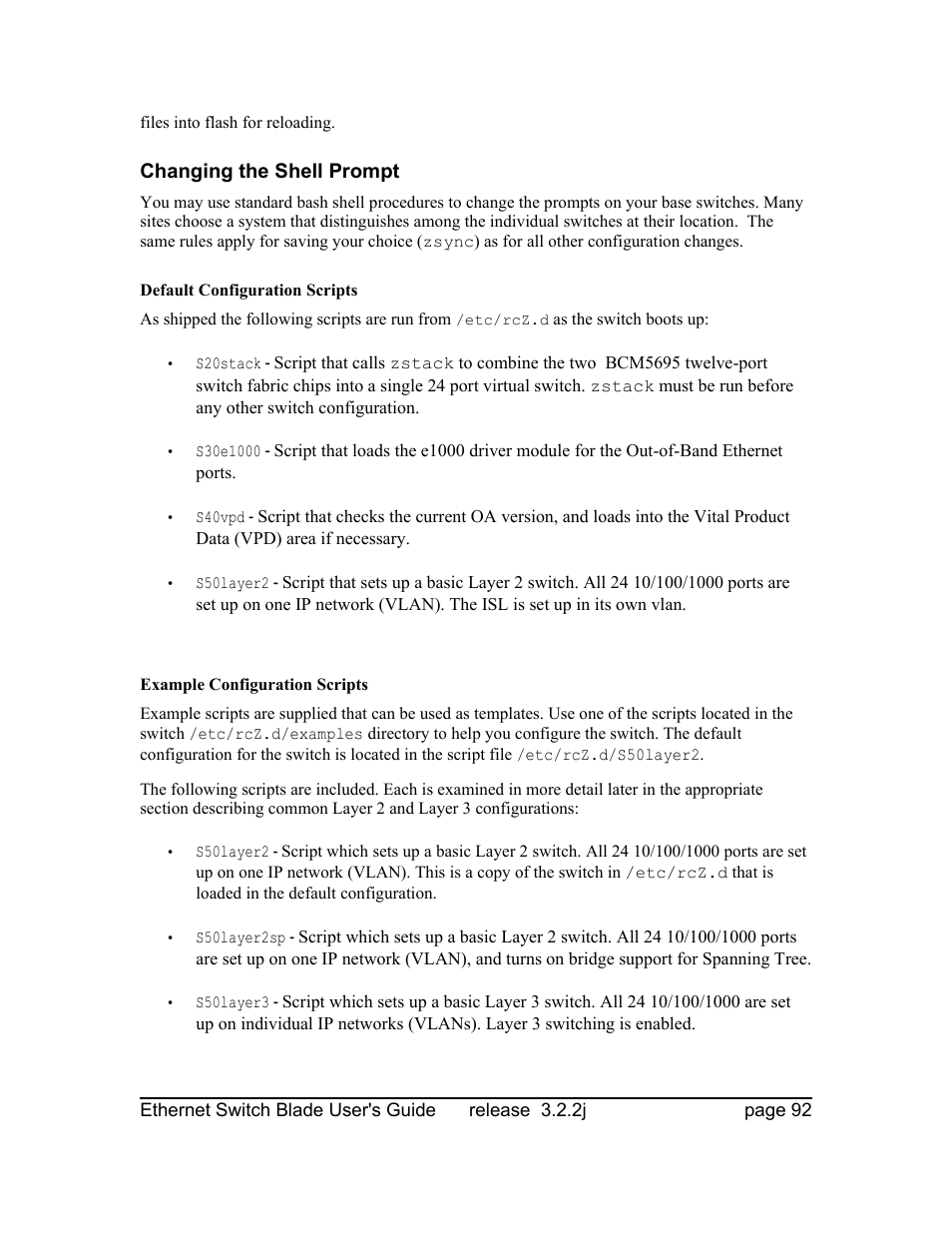 Changing the shell prompt, Default configuration scripts, Example configuration scripts | Znyx Networks bh5700 User Manual | Page 92 / 359