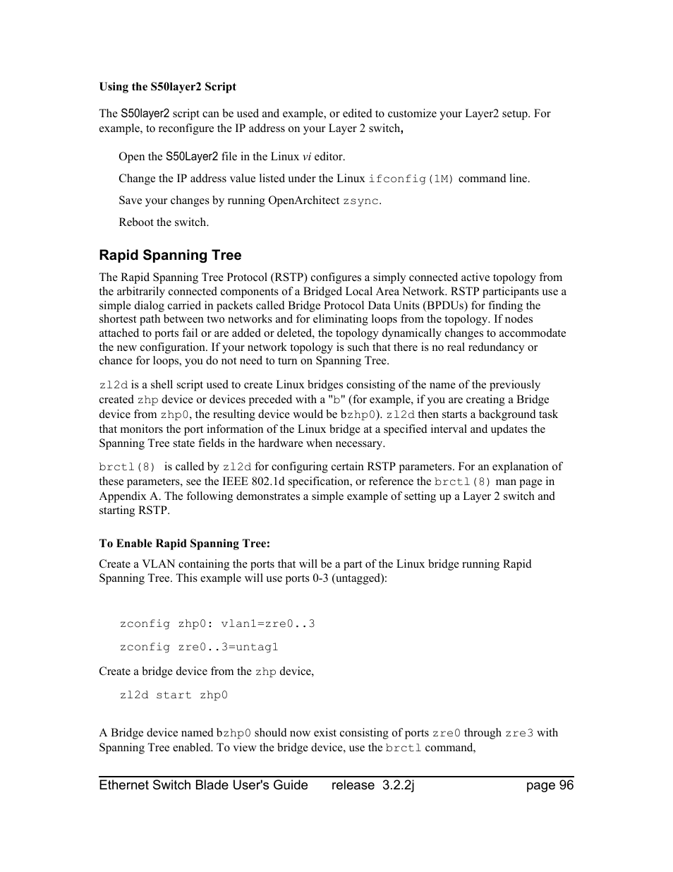Using the s50layer2 script, Rapid spanning tree, To enable rapid spanning tree | Znyx Networks bh5700 User Manual | Page 96 / 359