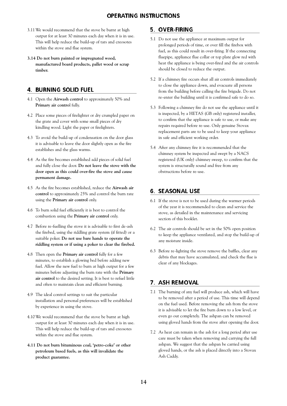 Operating instructions, Burning solid fuel, Over-firing | Seasonal use, Ash removal | Yeoman ELEGANCE BY HAAS & SOHN 270 User Manual | Page 14 / 24