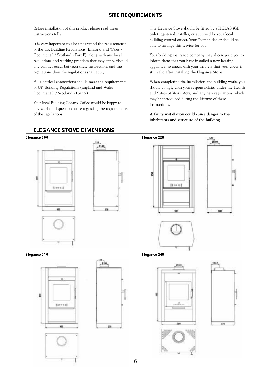 Site requirements, Elegance stove dimensions | Yeoman ELEGANCE BY HAAS & SOHN 270 User Manual | Page 6 / 24