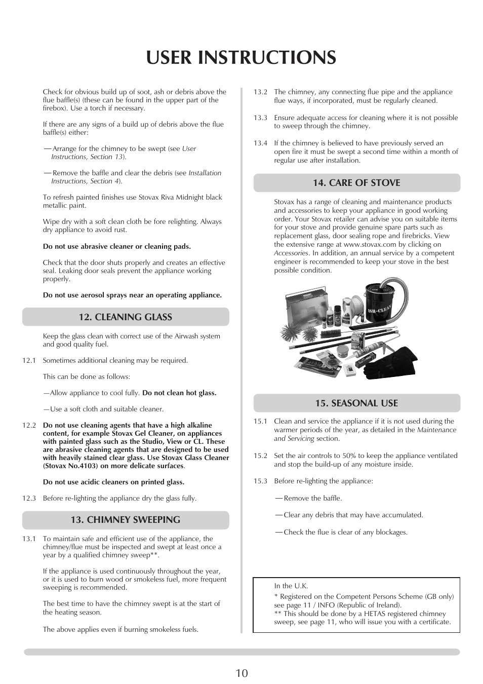 User instructions, Care of stove, Seasonal use | Cleaning glass, Chimney sweeping | Yeoman YM-CL5MF User Manual | Page 10 / 34