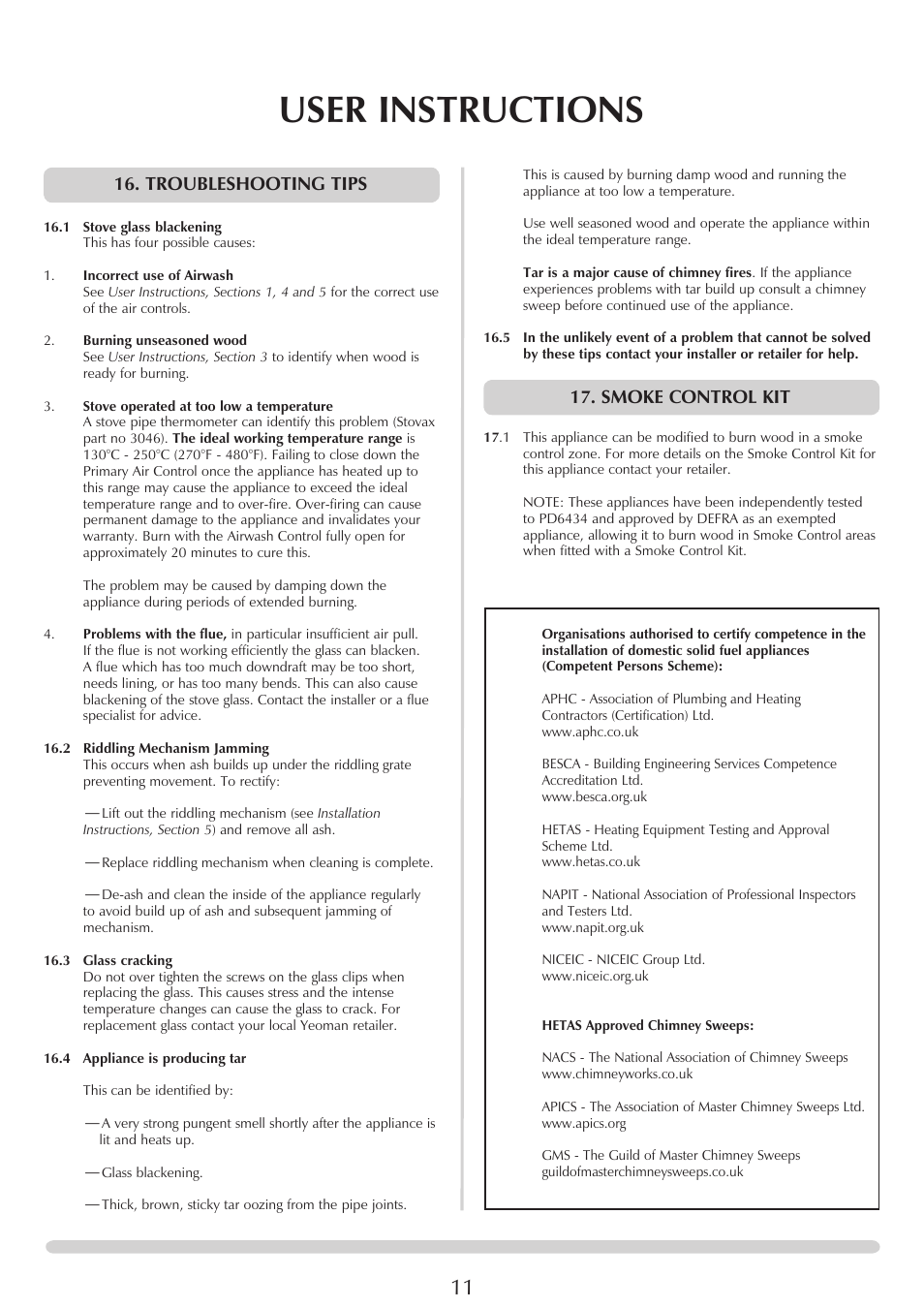 User instructions, Smoke control kit, Troubleshooting tips | Yeoman YM-CL5MF User Manual | Page 11 / 34