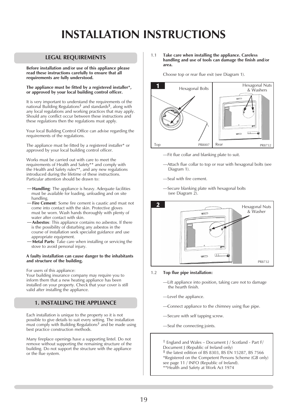 Installation instructions, Legal requirements, Installing the appliance | Yeoman YM-CL5MF User Manual | Page 19 / 34