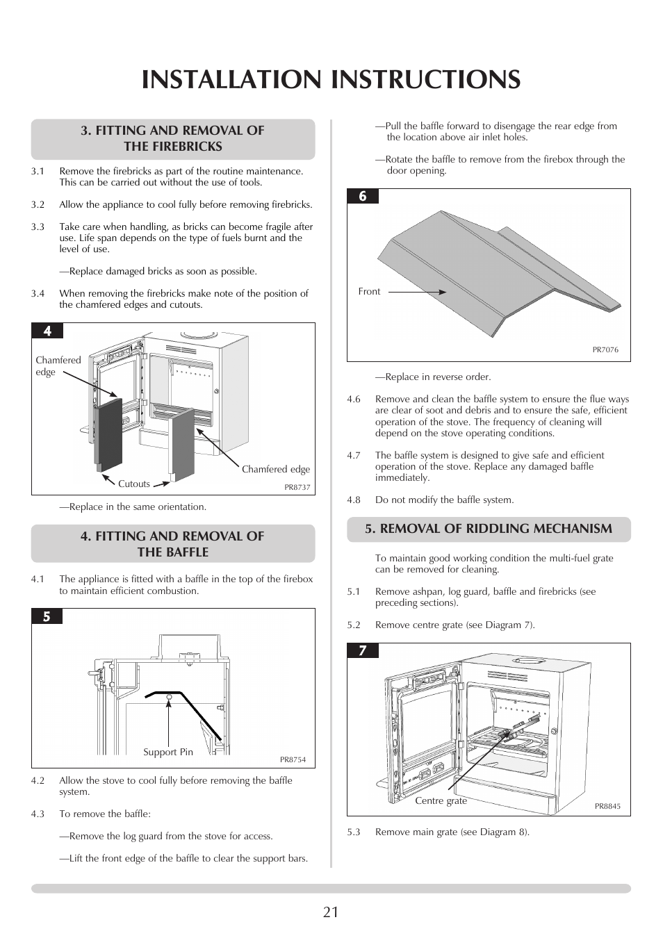 Installation instructions, Fitting and removal of the firebricks, Fitting and removal of the baffle | Removal of riddling mechanism | Yeoman YM-CL5MF User Manual | Page 21 / 34