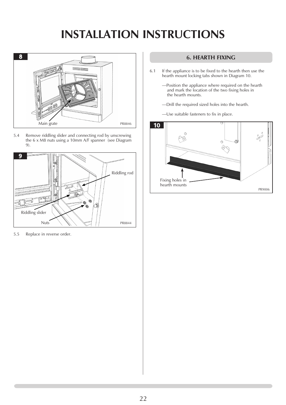 Installation instructions, Hearth fixing | Yeoman YM-CL5MF User Manual | Page 22 / 34