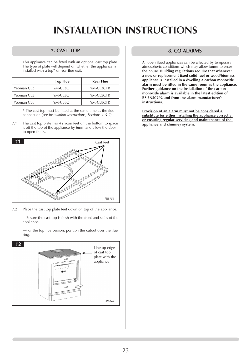 Installation instructions, Cast top, Co alarms | Yeoman YM-CL5MF User Manual | Page 23 / 34