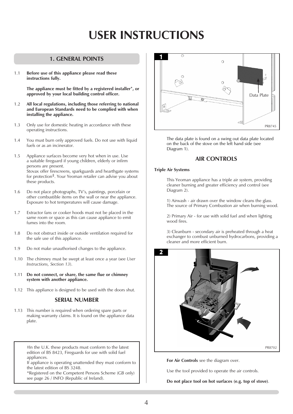 User instructions, General points, Serial number | Air controls | Yeoman YM-CL5MF User Manual | Page 4 / 34