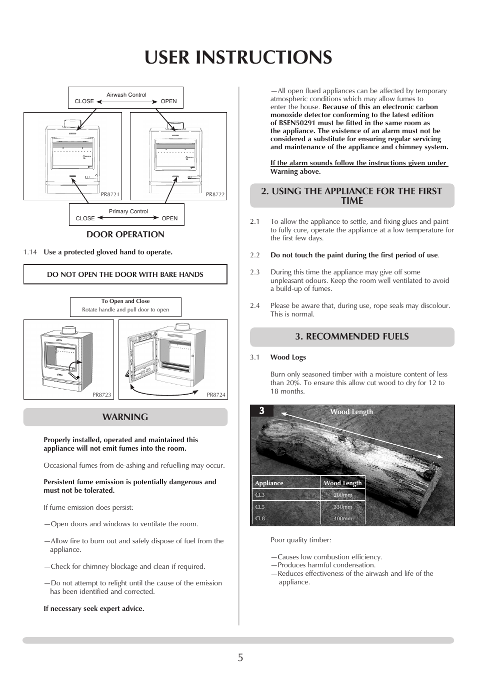 User instructions, Warning, Using the appliance for the first time | Recommended fuels | Yeoman YM-CL5MF User Manual | Page 5 / 34