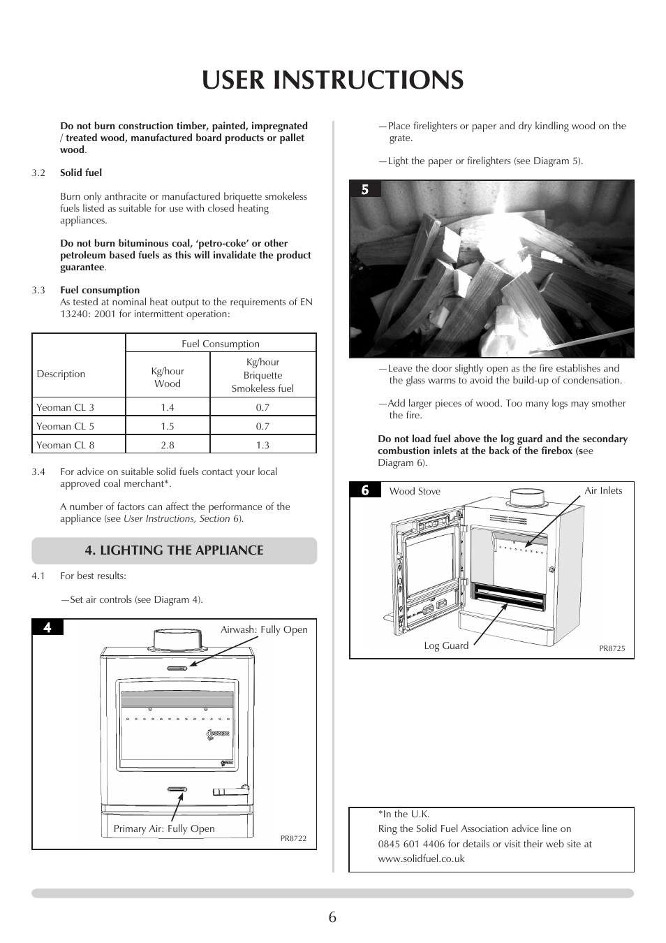 User instructions, Lighting the appliance | Yeoman YM-CL5MF User Manual | Page 6 / 34