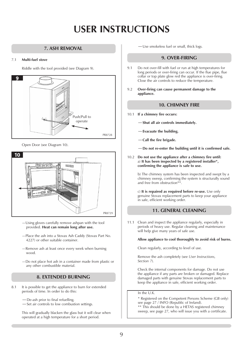 User instructions, Ash removal, Extended burning | Over-firing, Chimney fire, General cleaning | Yeoman YM-CL5MF User Manual | Page 9 / 34