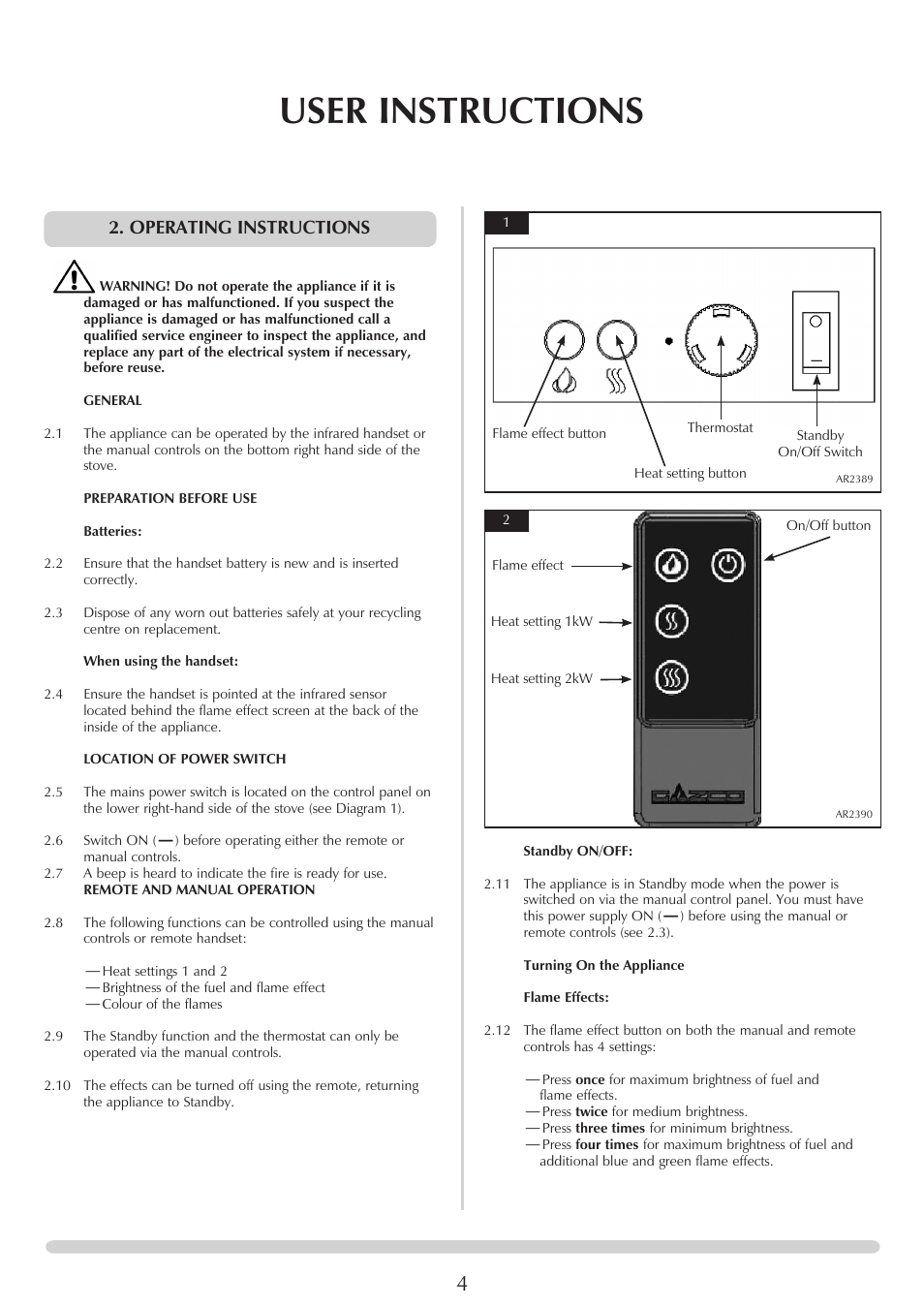 User instructions, Operating instructions | Yeoman YM-E9001FLA User Manual | Page 4 / 14