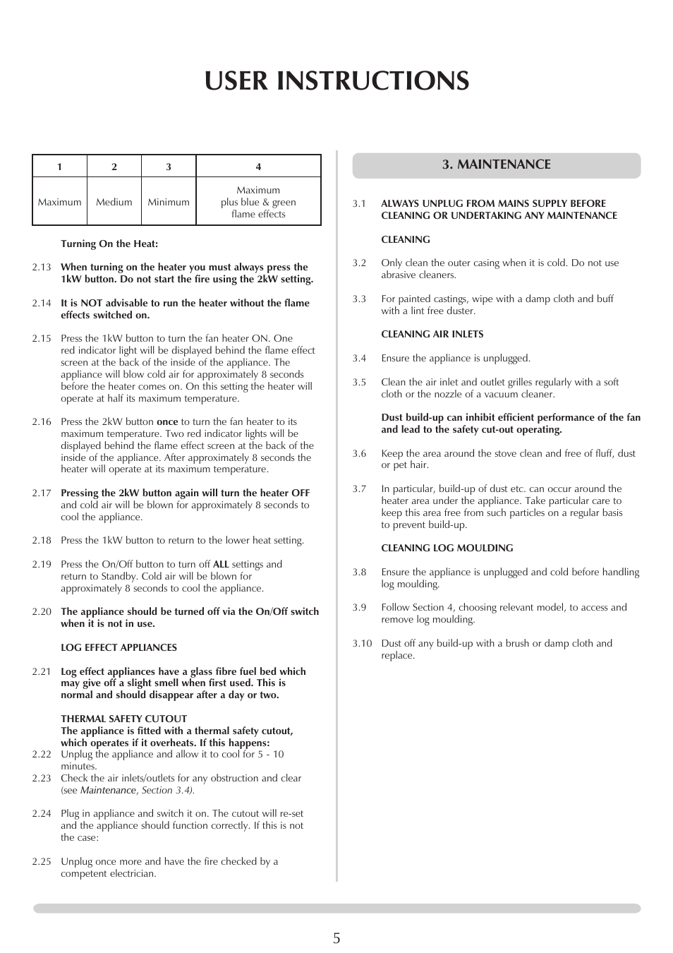 User instructions, Maintenance | Yeoman YM-E9001FLA User Manual | Page 5 / 14