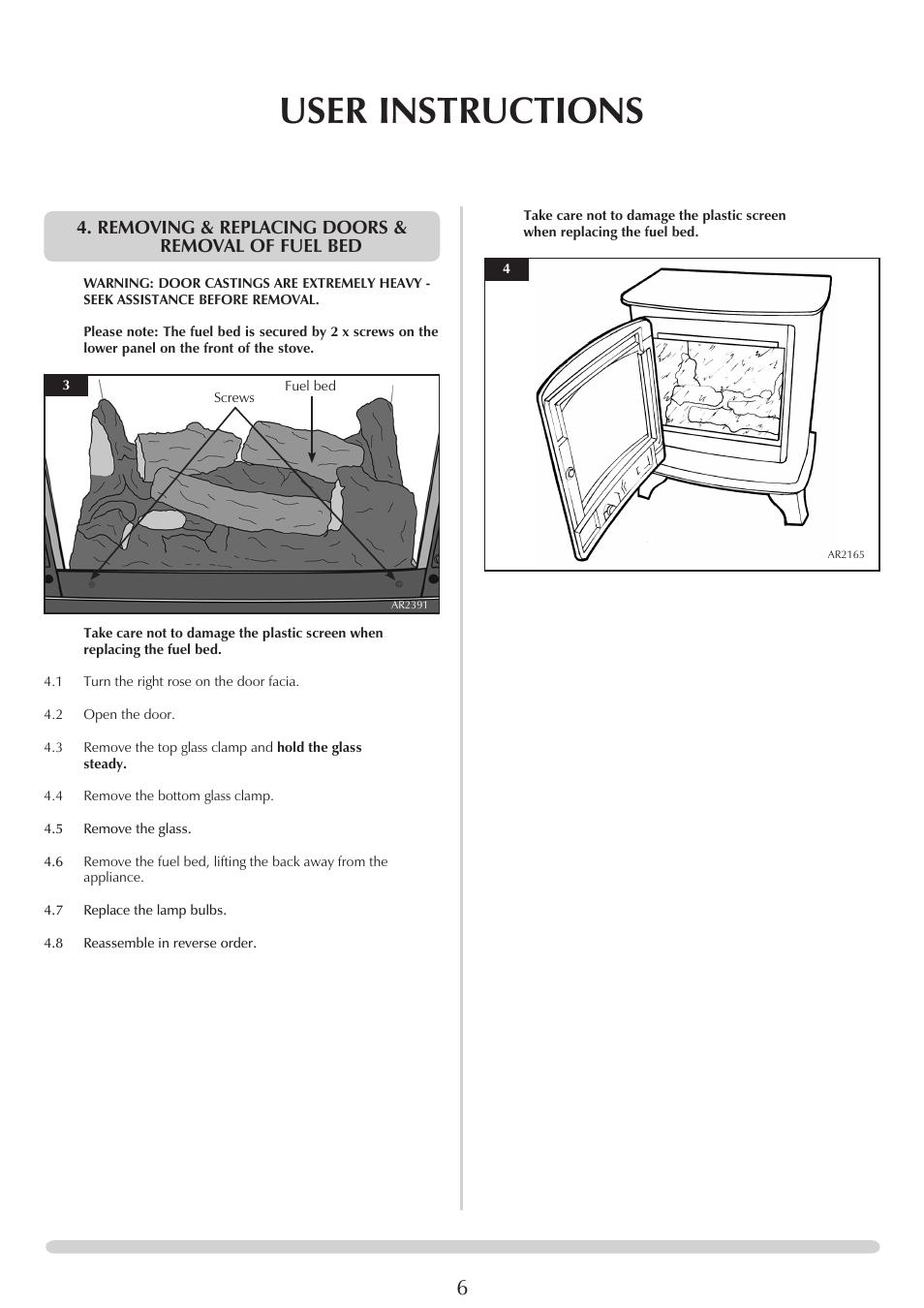 User instructions, Removing & replacing doors & removal of fuel bed | Yeoman YM-E9001FLA User Manual | Page 6 / 14