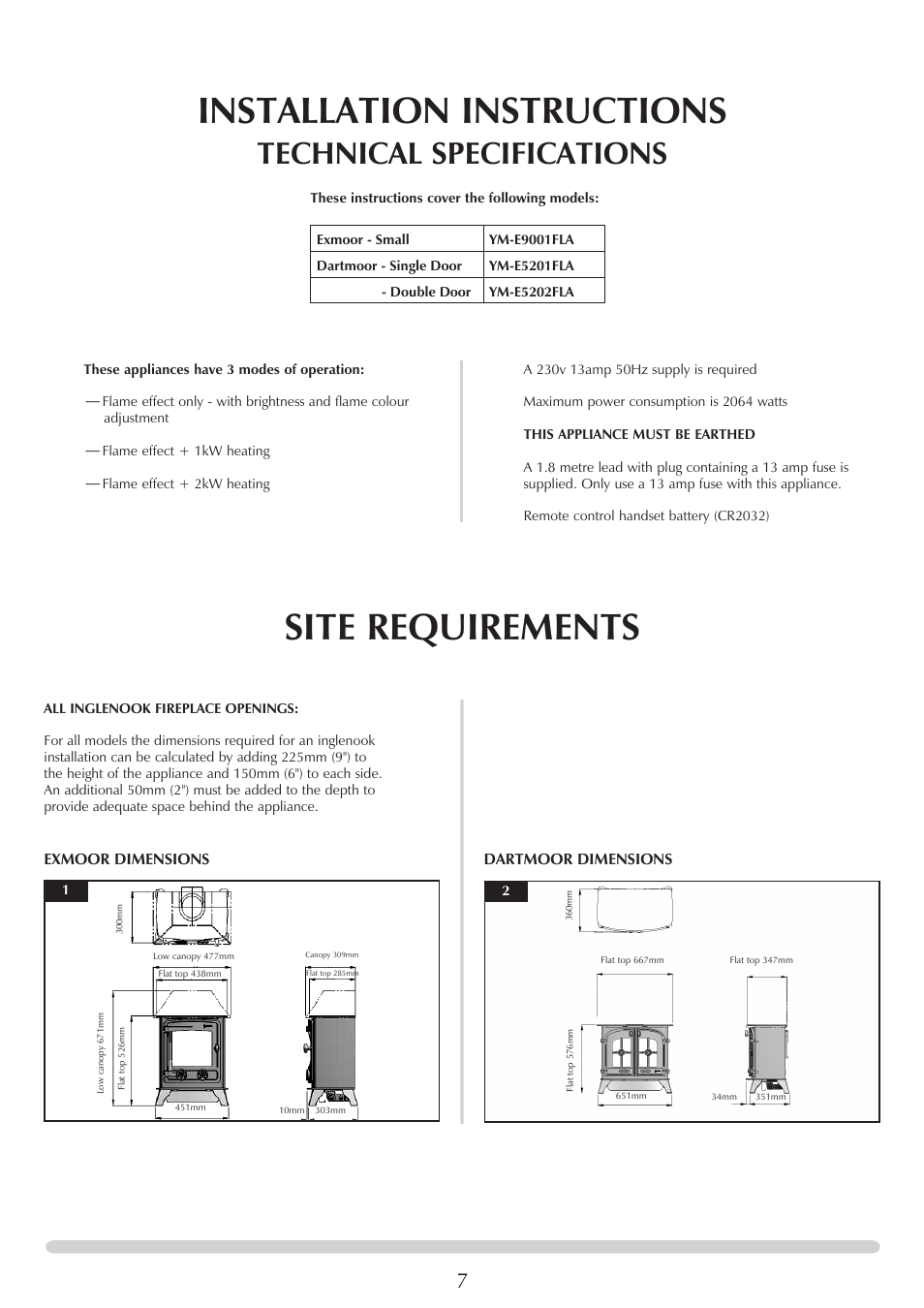 Installation instructions, Site requirements, Technical specifications | Yeoman YM-E9001FLA User Manual | Page 7 / 14