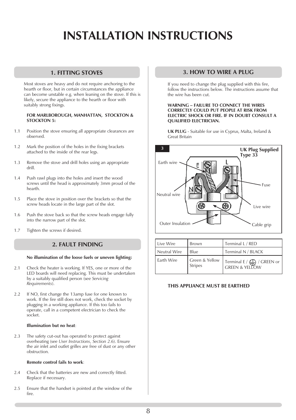 Installation instructions, Fitting stoves, Fault finding | How to wire a plug | Yeoman YM-E9001FLA User Manual | Page 8 / 14