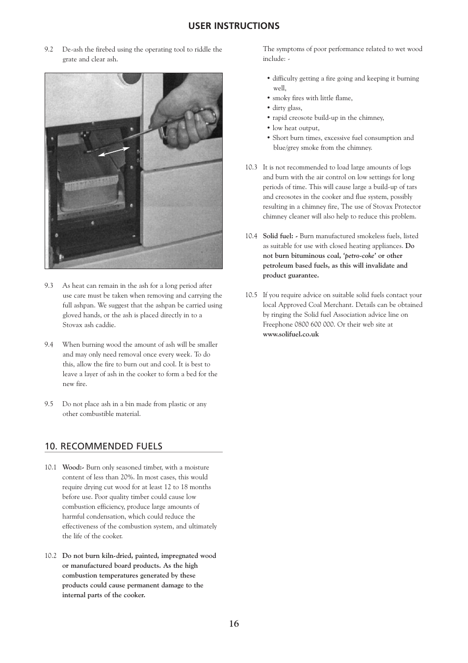 User instructions 16, Recommended fuels | Yeoman YM-CKWDBL-R User Manual | Page 16 / 20