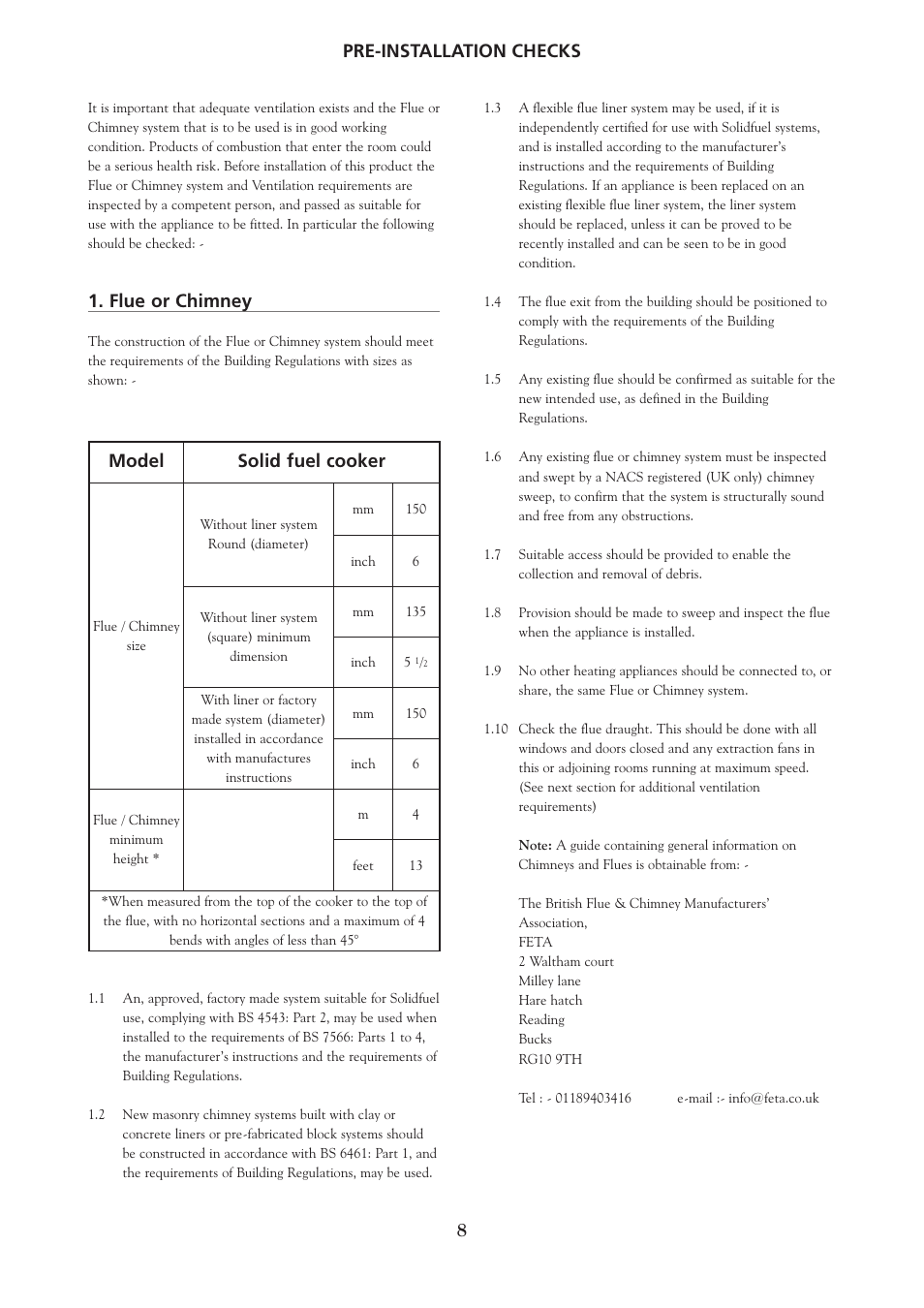 Flue or chimney, Model solid fuel cooker, Pre-installation checks | Yeoman YM-CKWDBL-R User Manual | Page 8 / 20