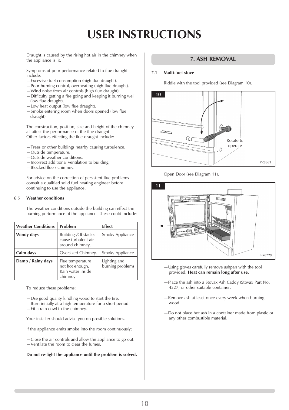 User instructions, Ash removal | Yeoman YM-CL8HB User Manual | Page 10 / 39