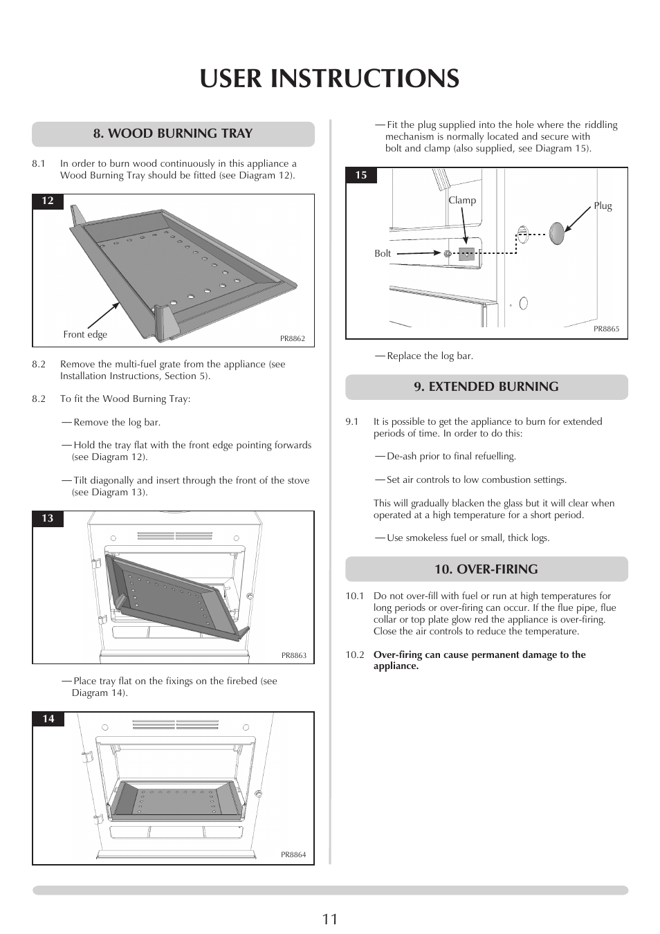 User instructions, Extended burning, Over-firing | Wood burning tray | Yeoman YM-CL8HB User Manual | Page 11 / 39