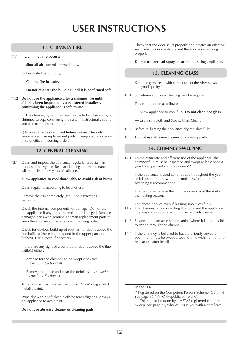 User instructions, Cleaning glass, Chimney sweeping | Chimney fire, General cleaning | Yeoman YM-CL8HB User Manual | Page 12 / 39