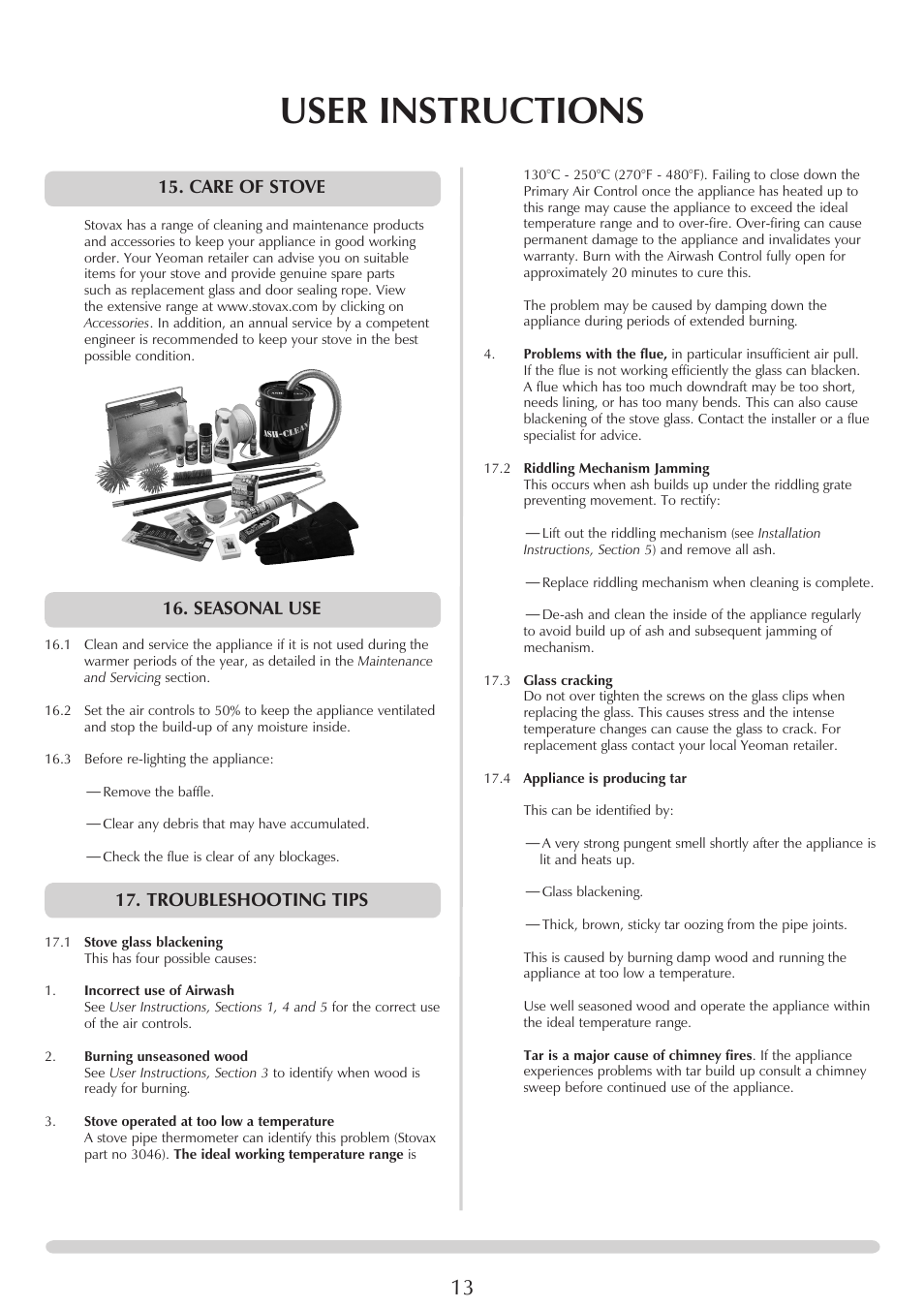 User instructions, Care of stove, Seasonal use | Troubleshooting tips | Yeoman YM-CL8HB User Manual | Page 13 / 39