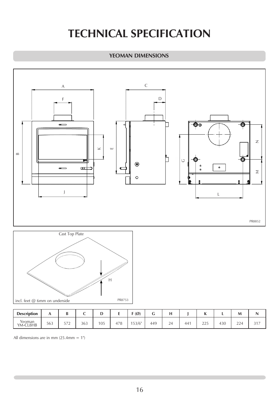 Technical specification, Yeoman dimensions | Yeoman YM-CL8HB User Manual | Page 16 / 39