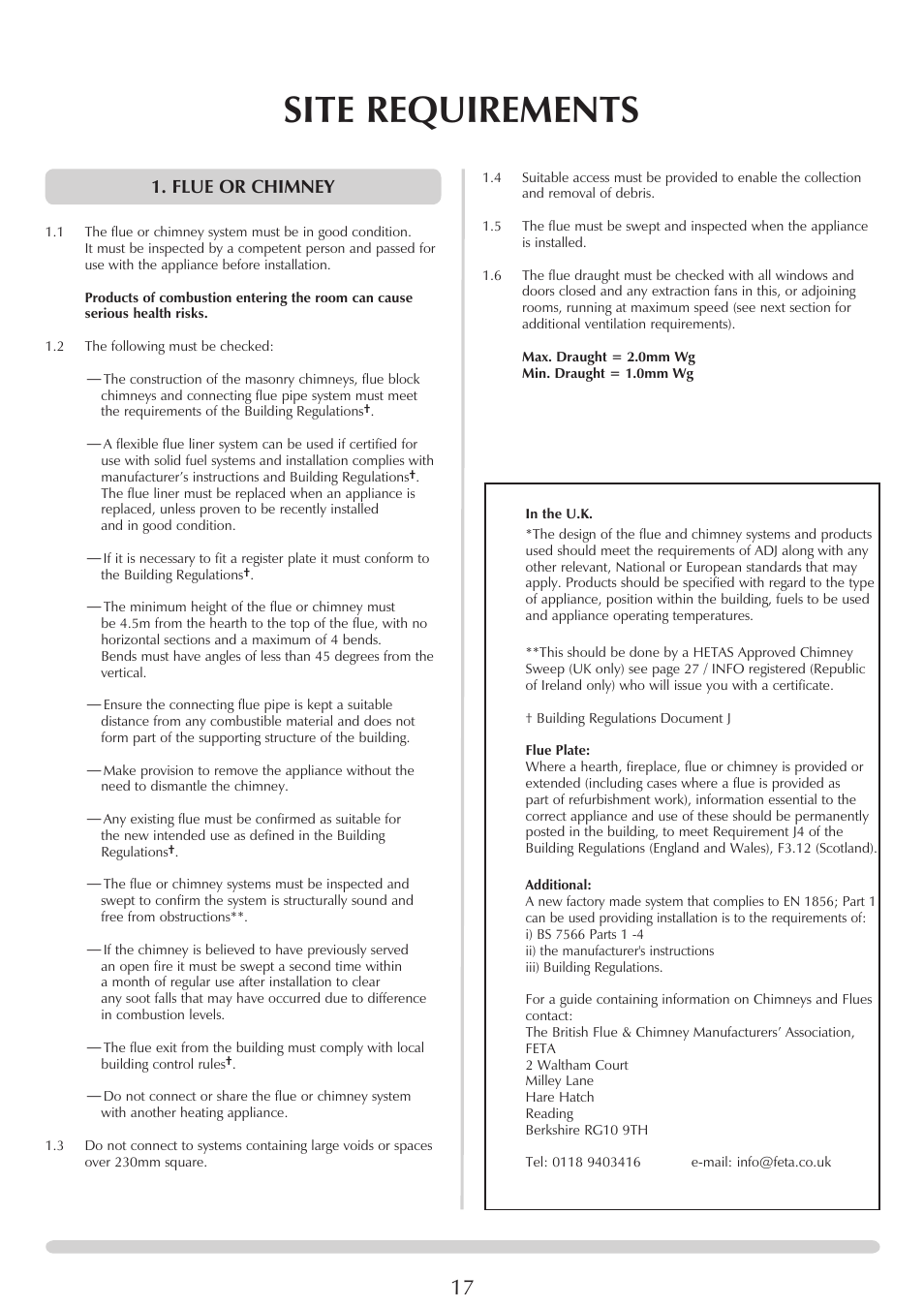 Site requirements, Flue or chimney | Yeoman YM-CL8HB User Manual | Page 17 / 39