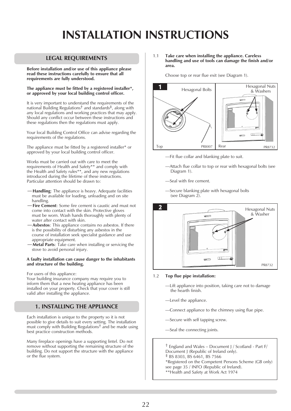 Installation instructions, Legal requirements, Installing the appliance | Yeoman YM-CL8HB User Manual | Page 22 / 39