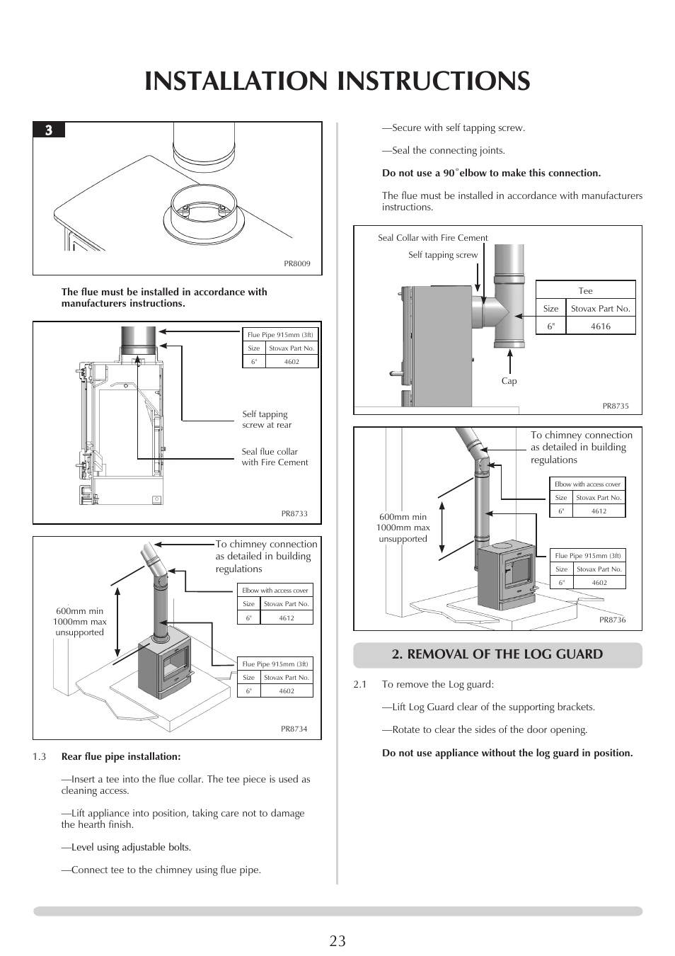 Installation instructions, Removal of the log guard | Yeoman YM-CL8HB User Manual | Page 23 / 39