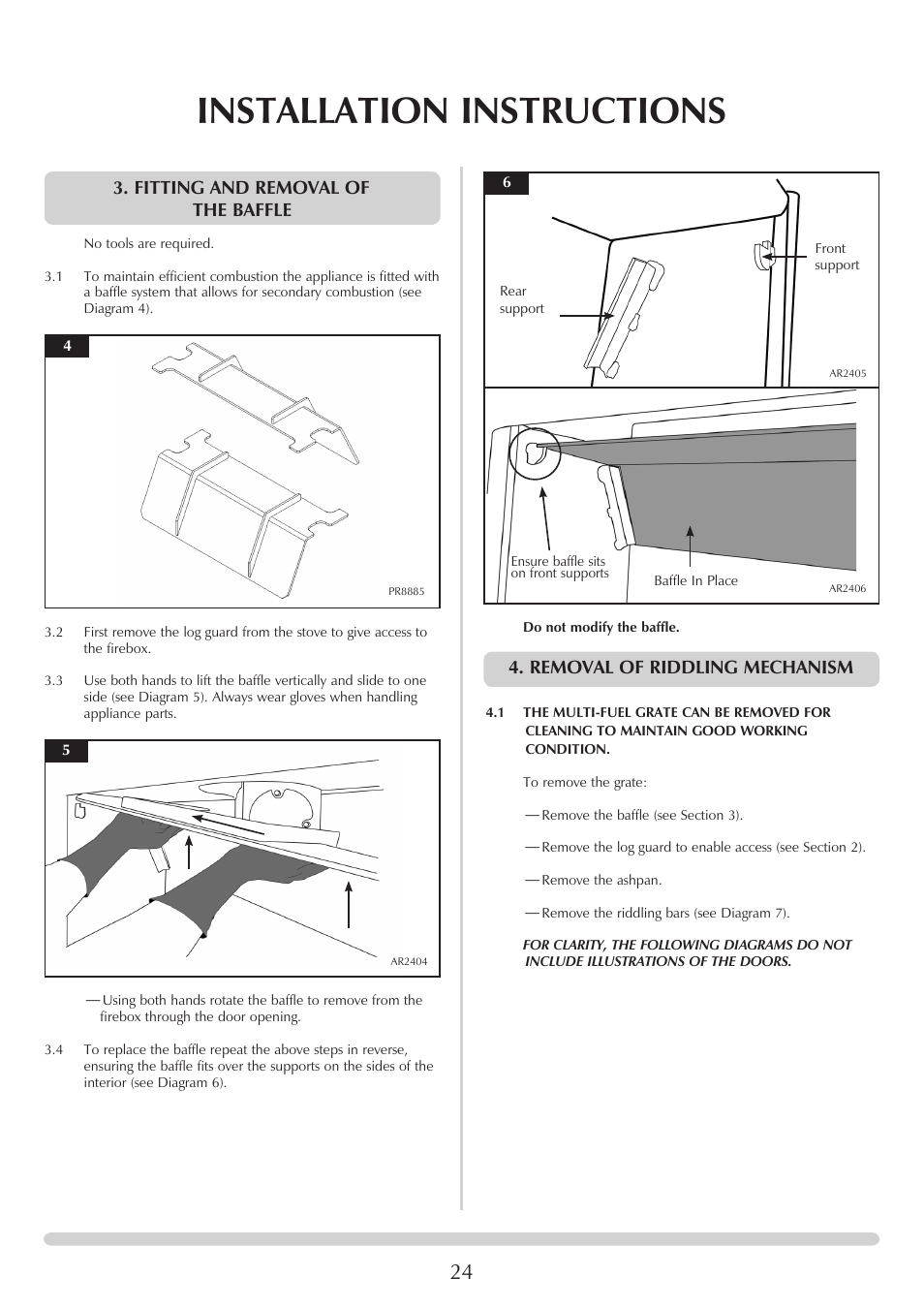 Installation instructions, Fitting and removal of the baffle, Removal of riddling mechanism | Yeoman YM-CL8HB User Manual | Page 24 / 39
