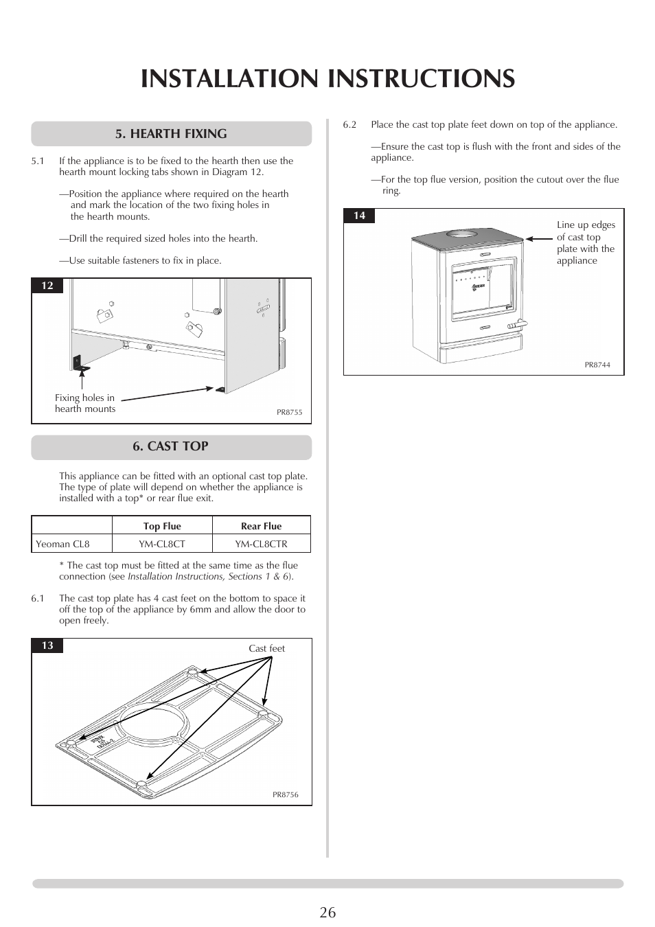 Installation instructions, Hearth fixing, Cast top | Yeoman YM-CL8HB User Manual | Page 26 / 39