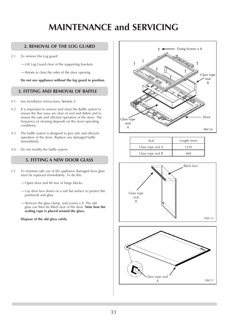 Maintenance and servicing, Removal of the log guard, Fitting and removal of baffle | Fitting a new door glass | Yeoman YM-CL8HB User Manual | Page 33 / 39