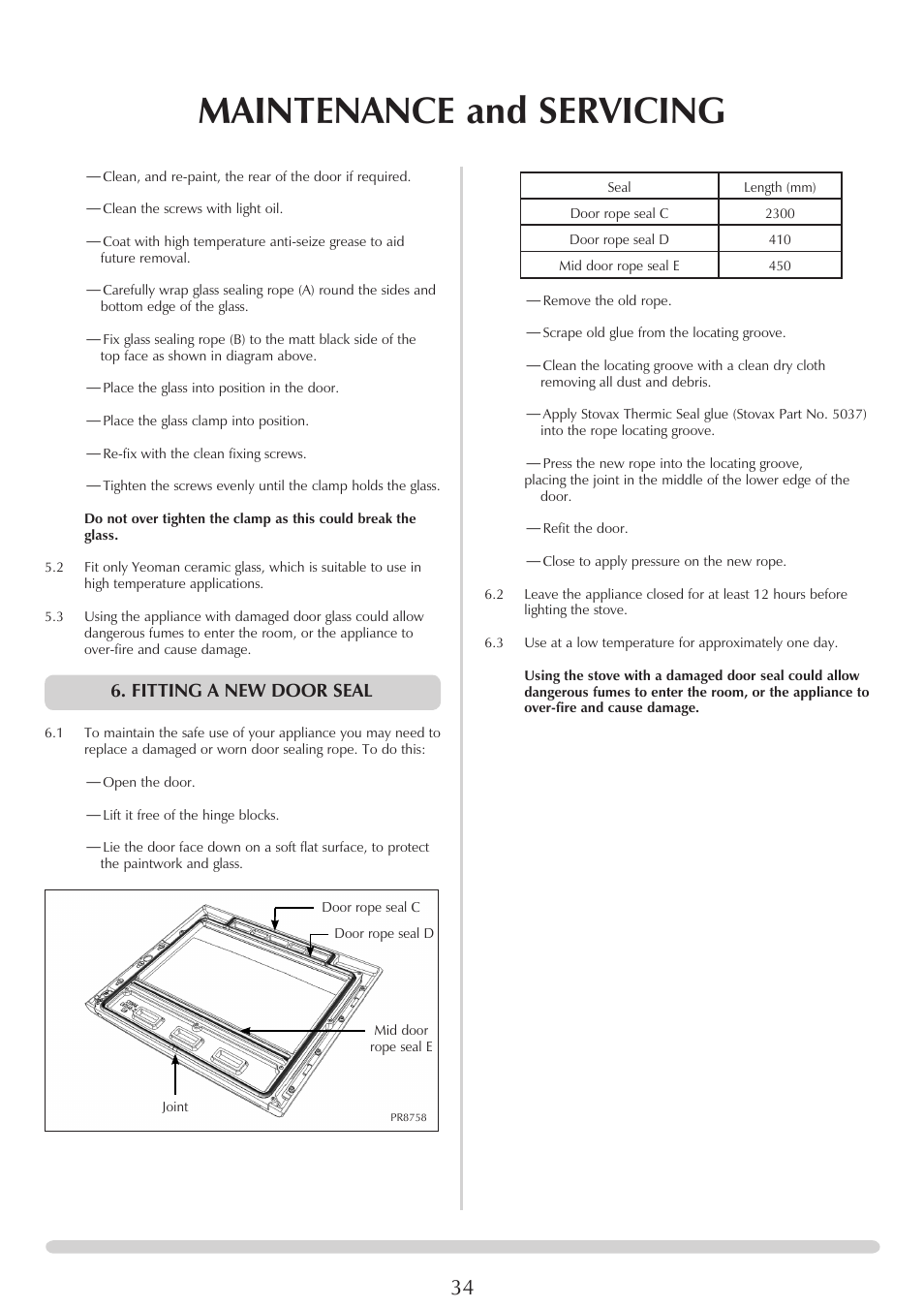 Maintenance and servicing, Fitting a new door seal | Yeoman YM-CL8HB User Manual | Page 34 / 39