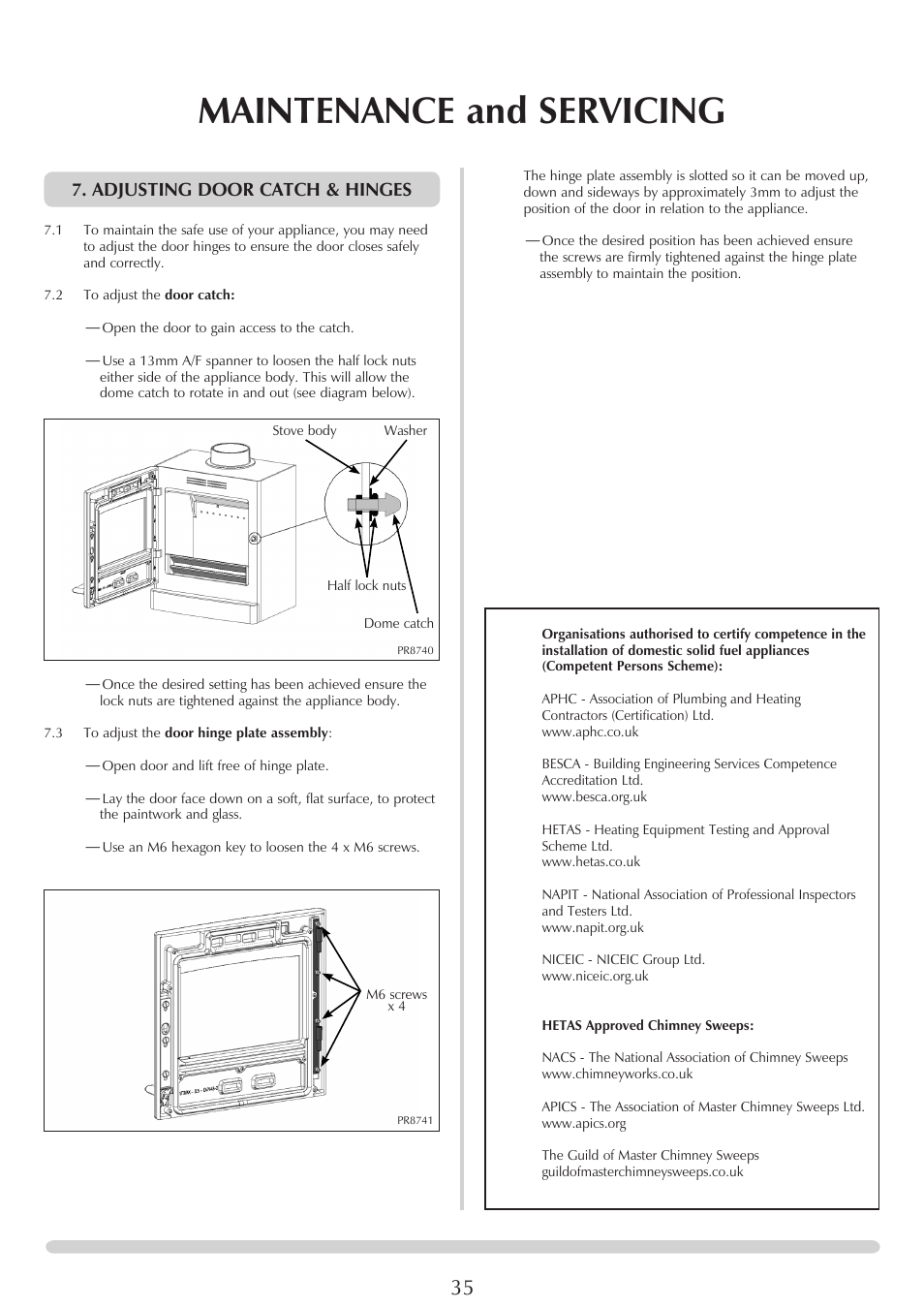 Maintenance and servicing, Adjusting door catch & hinges | Yeoman YM-CL8HB User Manual | Page 35 / 39