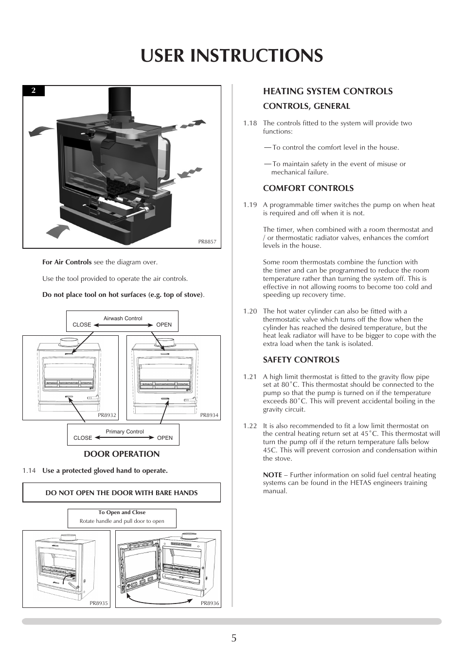 User instructions, Heating system controls | Yeoman YM-CL8HB User Manual | Page 5 / 39