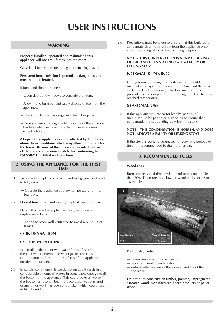User instructions, Warning, Using the appliance for the first time | Condensation, Normal running, Seasonal use, Recommended fuels | Yeoman YM-CL8HB User Manual | Page 6 / 39