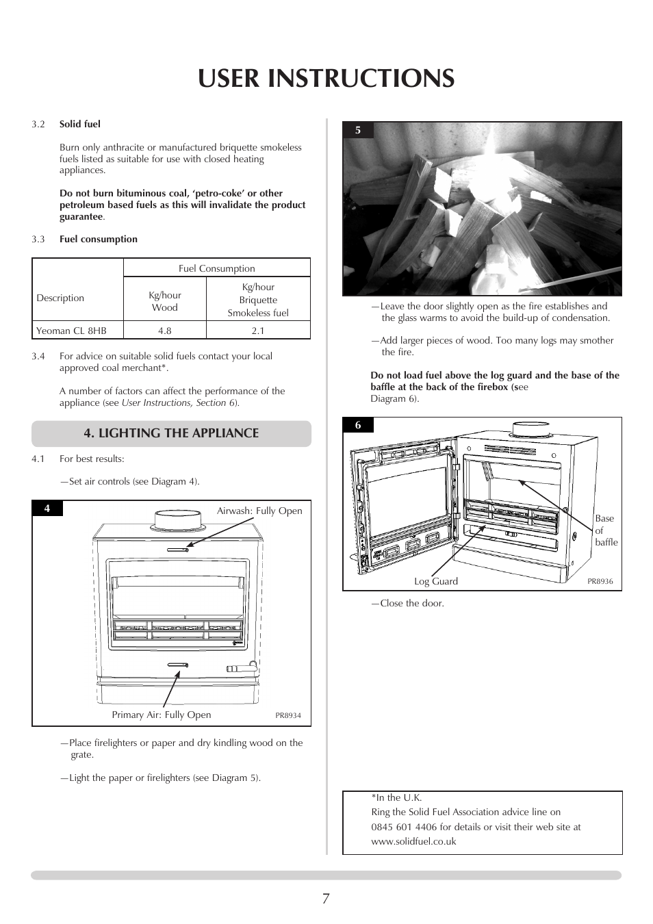 User instructions, Lighting the appliance | Yeoman YM-CL8HB User Manual | Page 7 / 39