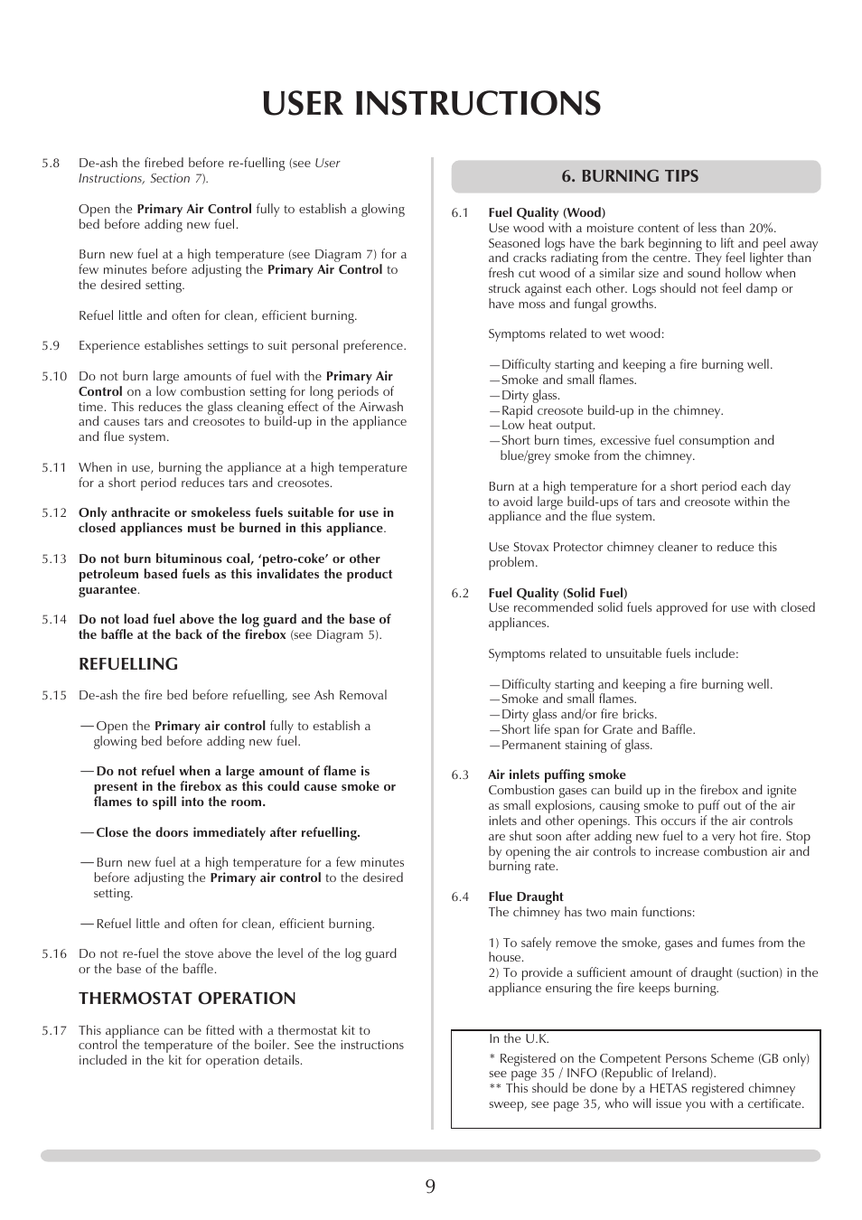 User instructions, Refuelling, Thermostat operation | Burning tips | Yeoman YM-CL8HB User Manual | Page 9 / 39